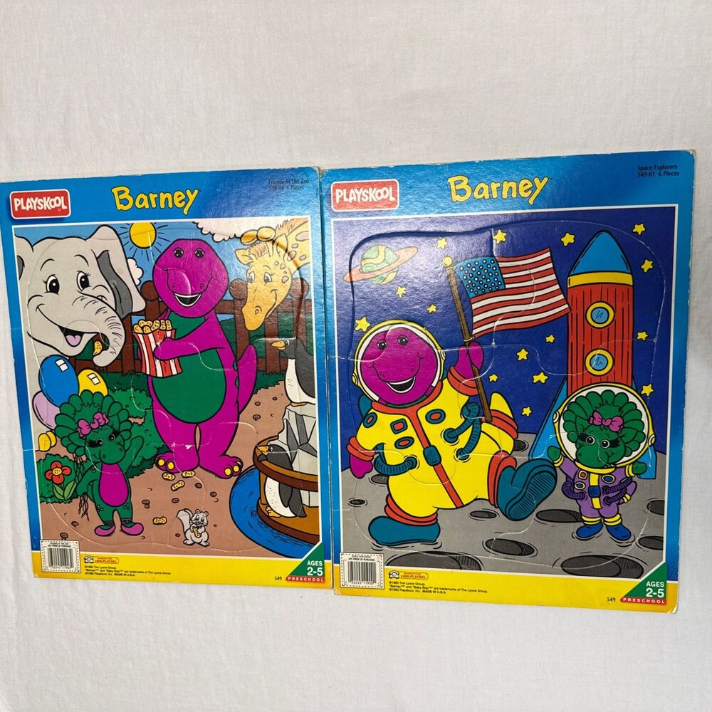 Vintage Barney and Bepop 1993 Playskool Puzzle Frametray Lot Of 2